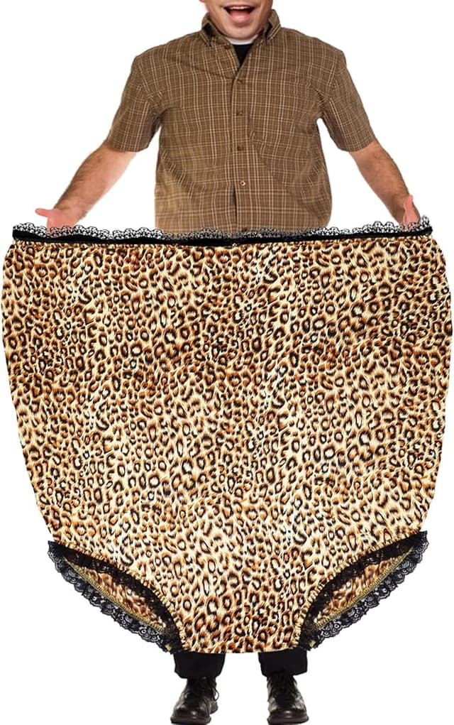 Massive granny panties laid out as a prank gift—funny novelty present for moms, dads, or white elephant parties.