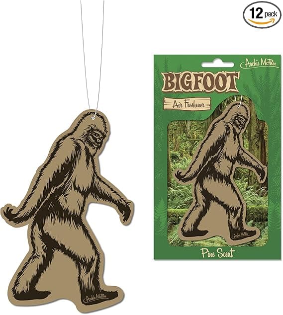 A novelty air freshener shaped like Bigfoot, designed to hang from a rearview mirror.