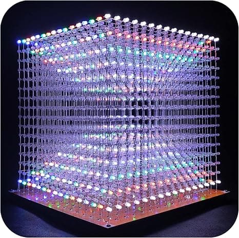 Colorful 3D LED cube DIY kit mid-assembly, bursting with lights and soldering-induced satisfaction.