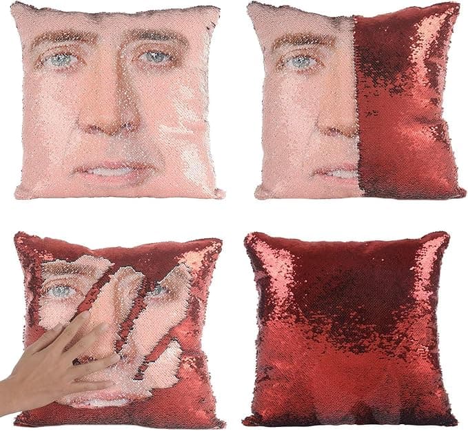 Nic Cage Sequin Throw Pillow – Reversible Funny Face Cushion Cover – Pop Culture Gag Gift