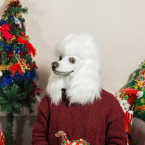 White poodle head costume mask for adults and kids, great for Halloween or hilarious party antics