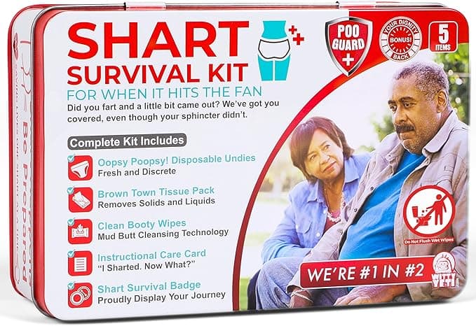 Witty Yeti Shart Survival Kit with wipes, disposable underwear, and funny badge—perfect prank gift for potty humor lovers.