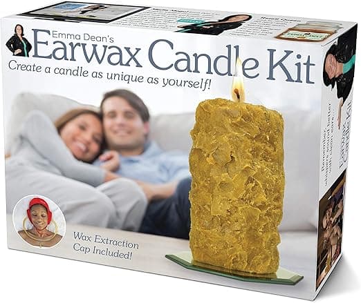 A fake product box labeled “Earwax Candle Kit,” designed for prank gift wrapping to surprise and confuse unsuspecting gift recipients.