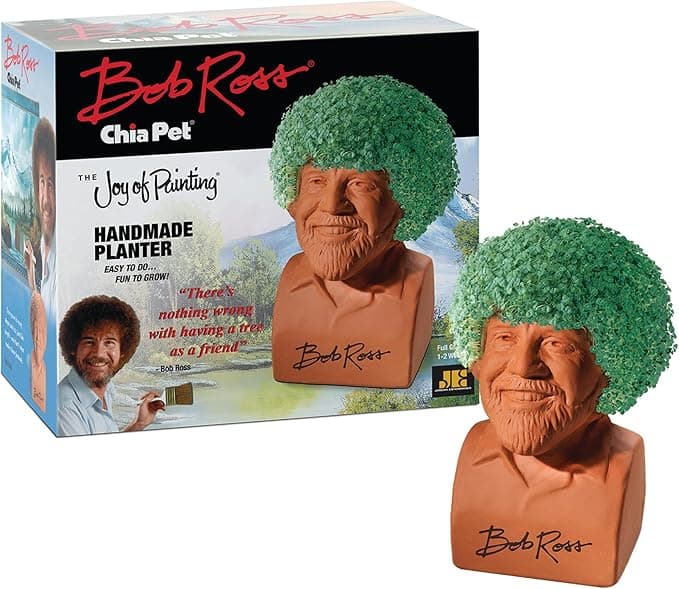 Bob Ross Chia Pet with sprouting green hair in full happy little plant glory—perfect for weird gift-giving.