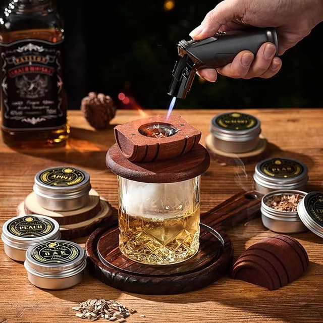 Whiskey smoker gift set with torch, wood chips, glasses, and ice molds—perfect for bourbon lovers, cocktail crafters, and smoky sippers.