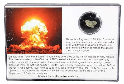 Trinitite specimen in plastic display box, also known as atomic desert glass or Alamogordo glass