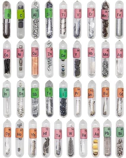 Periodic table gift set with 37 real element samples sealed in glass tubes—perfect for science nerds and curious minds
