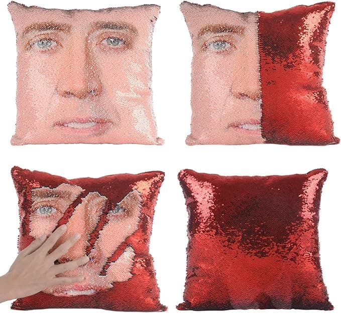 A reversible sequin pillow featuring a hidden image of Nicolas Cage’s face when brushed in one direction.
