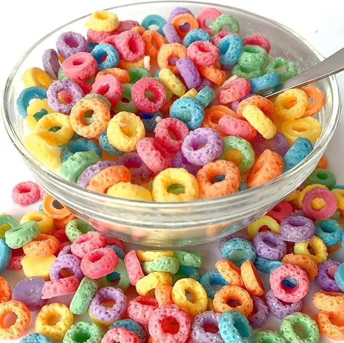 Evovee Froot Loop cereal bowl candle with spoon—fruity-scented, colorful, and hilariously realistic breakfast-themed gift.