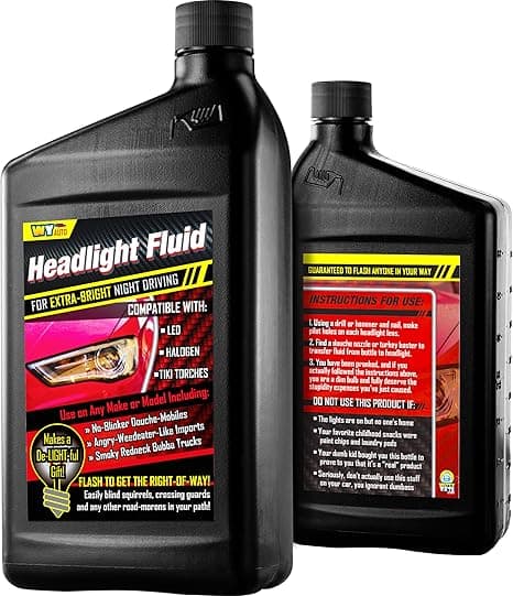 Funny prank blinker fluid bottle that looks like real car maintenance product for clueless friends and gag gifts