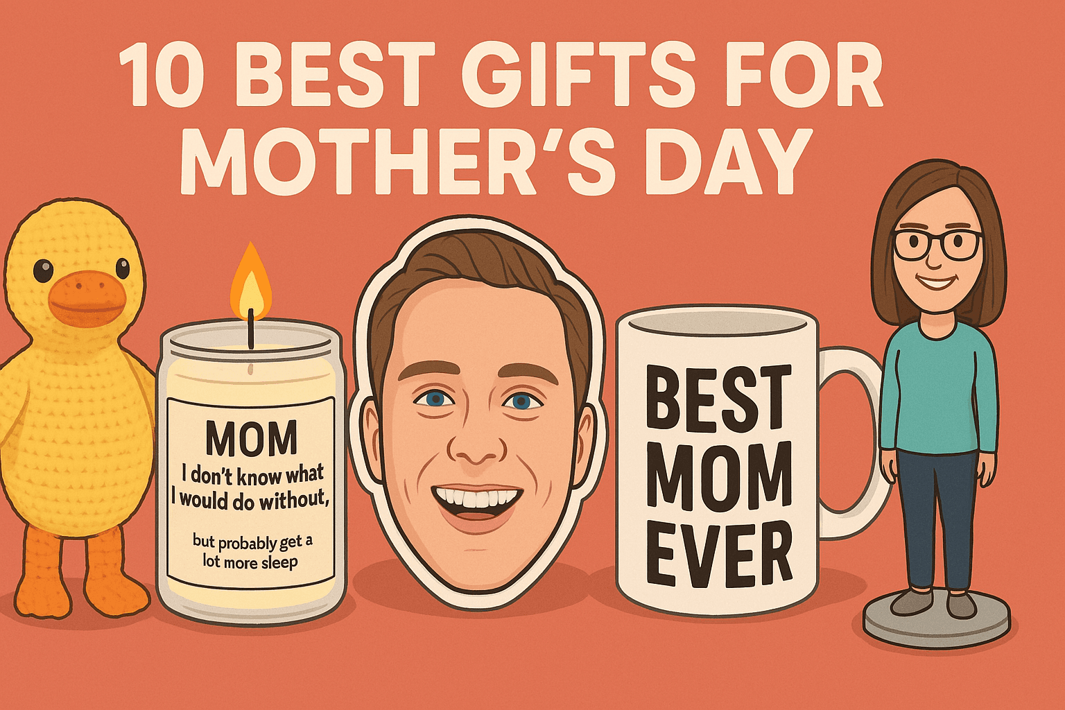 Funny Mother’s Day gift ideas including a candle, crocheted duck, custom pillow, mug, and bobblehead on a colorful background.