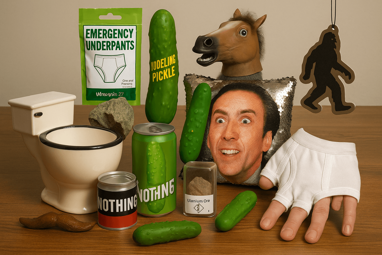A collection of bizarre novelty gifts including a toilet mug, emergency underpants, yodeling pickle, Nicolas Cage sequin pillow, horse head mask, and a can labeled "Nothing" — the weirdest legal gifts you can buy online.