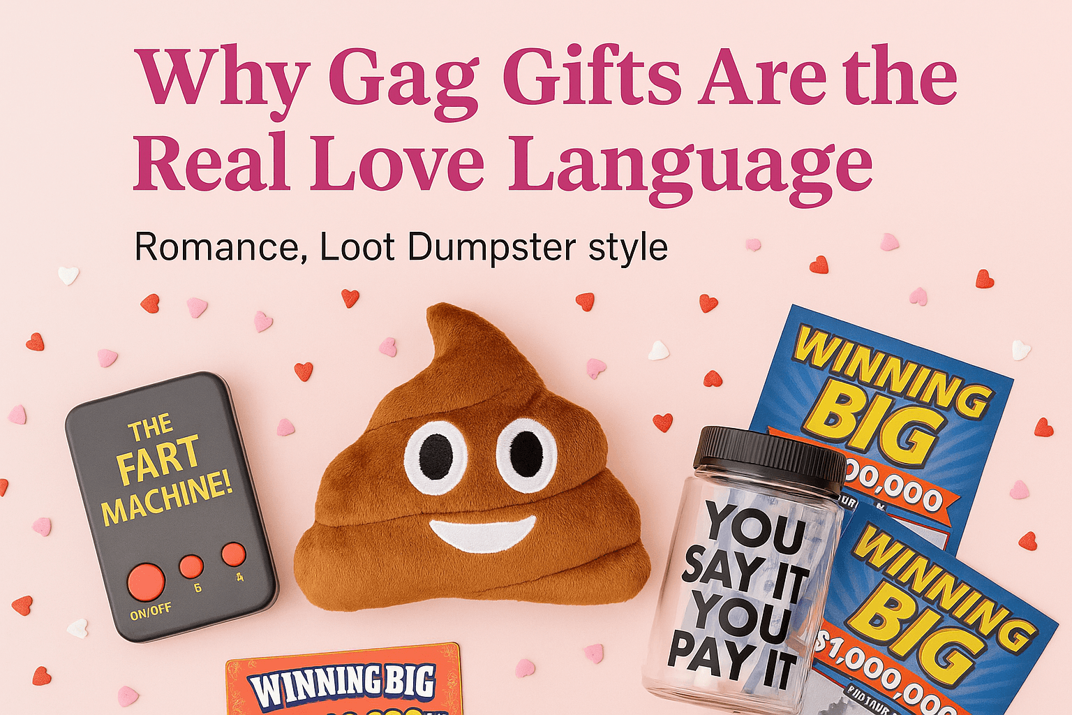 Flat lay of funny gag gifts including a fart machine, poop emoji plush, swear jar, and fake lottery tickets on a pink background with heart confetti