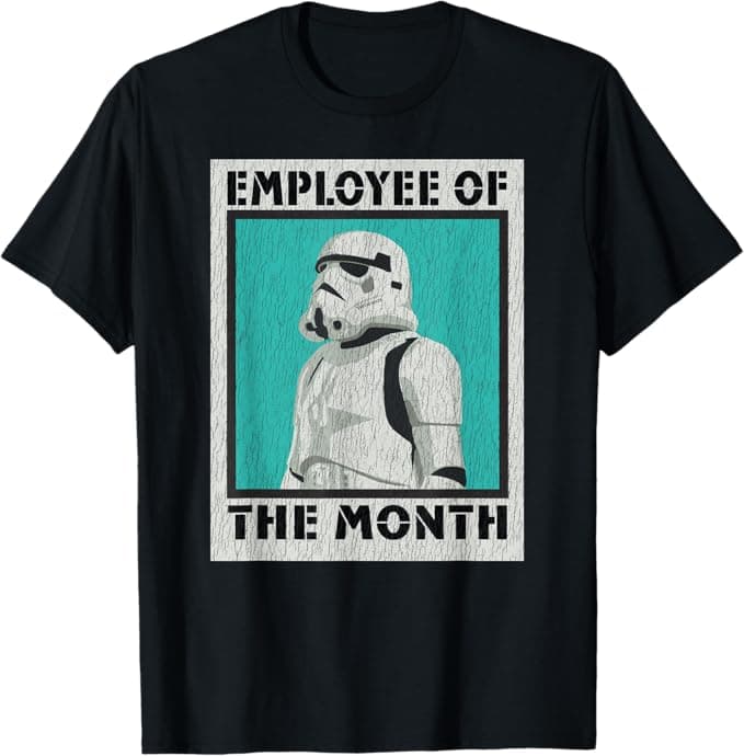 Gray t-shirt featuring a Stormtrooper labeled “Employee of the Month,” hanging like the ultimate award for corporate clowns and Star Wars fans alike.